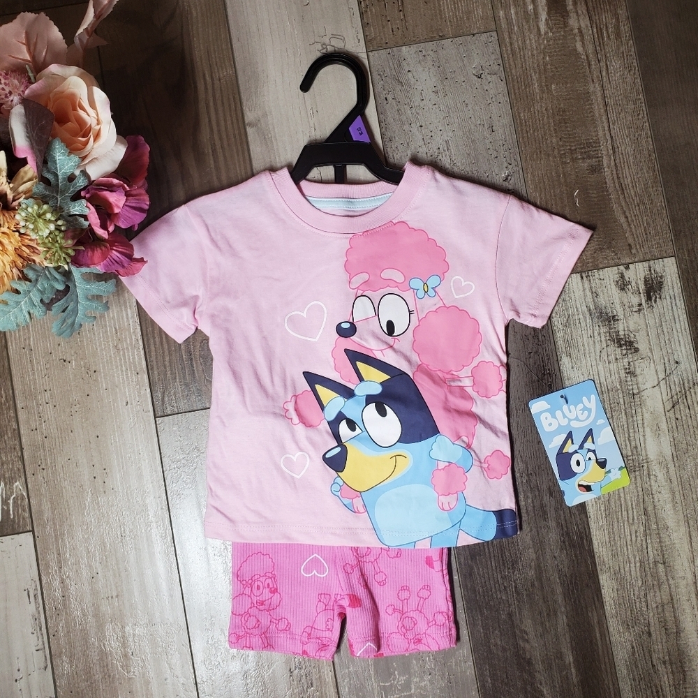 NWT Bluey Toddler Girl Graphic Tee and Allover Print Bike Shorts Set Size 12m